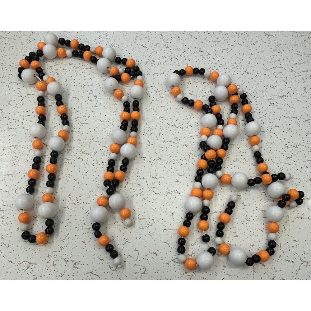 2 Garland Strands Orange Black White Wood Wooden Beads Halloween‎ Fall Boho 13'